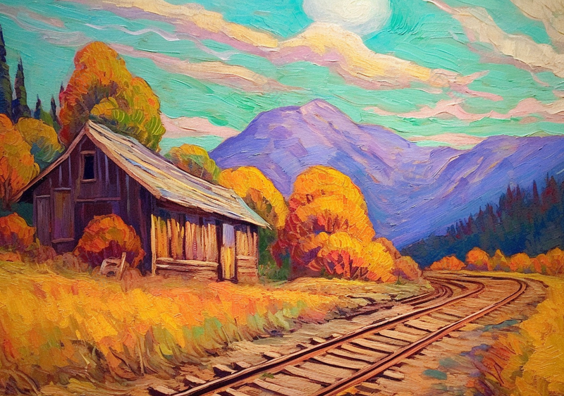 画有铁路和房子的油画小清新背景,插画/手绘图,插画/手绘图库,插画/手绘图下载,插画/手绘